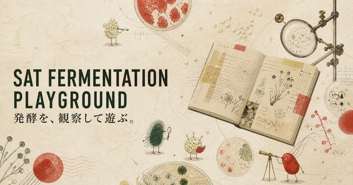 研究ノートと観察器具、小さなキャラクターを描いたSAT Fermentation Playgroundの発酵観察世界